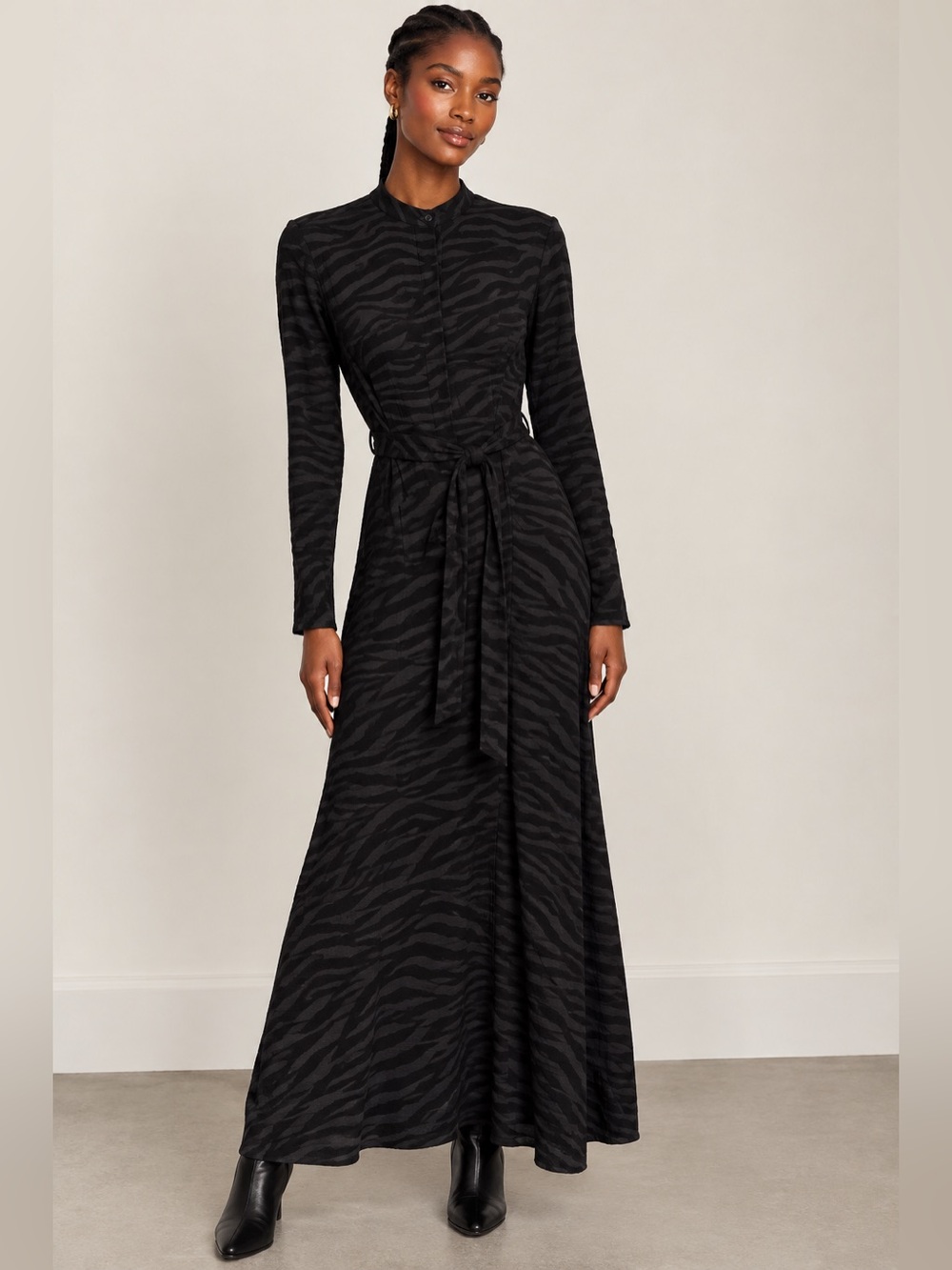 Bella Dahl Black Tiger Stripe Maxi Dress Long Sleeve Tie Waist